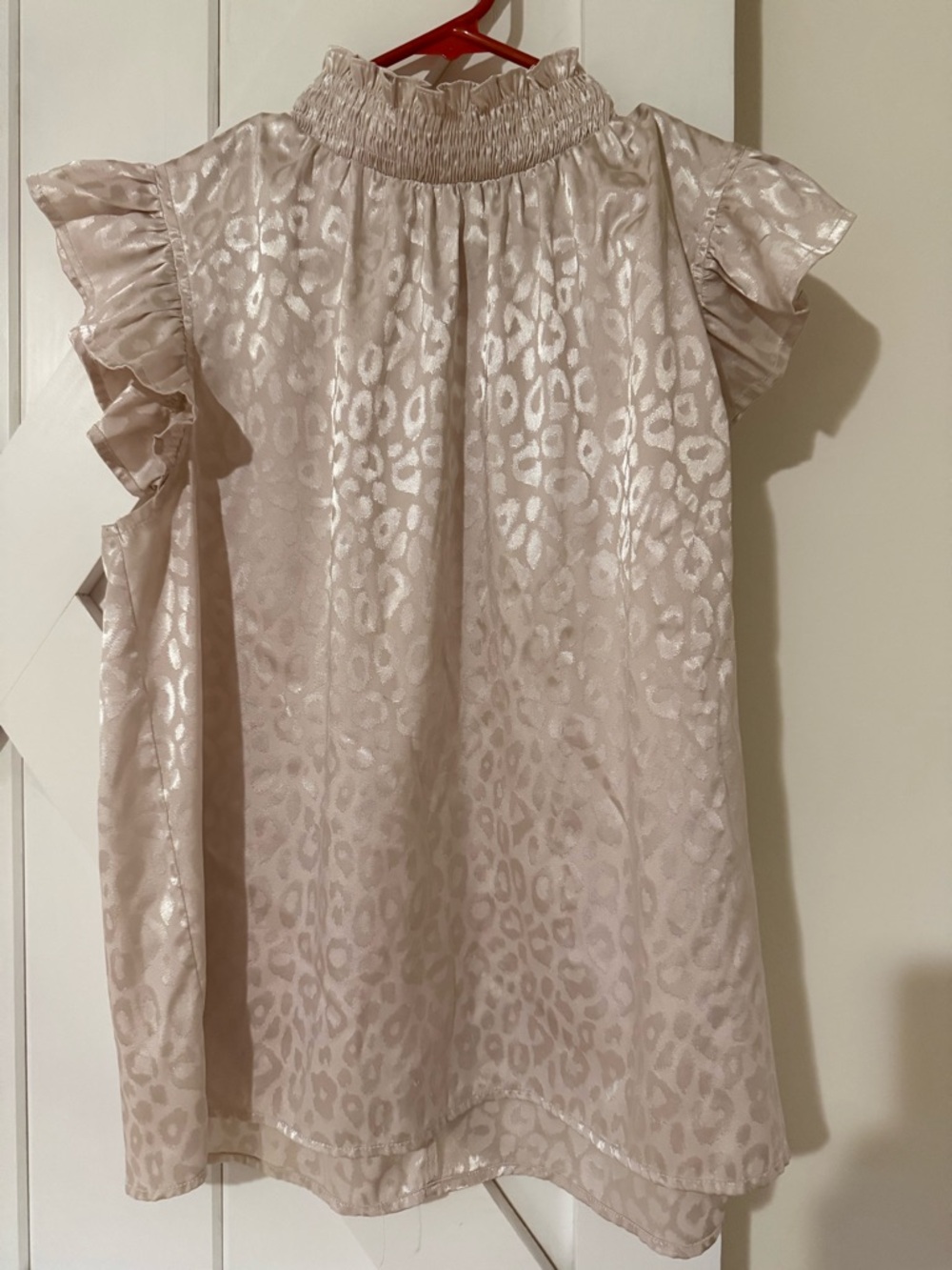 Shimmer Leopard Print Ruffle Sleeve Blouse - Blush